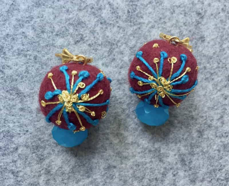 Filzohrringe "Bordeaux-Türkis-Gold"